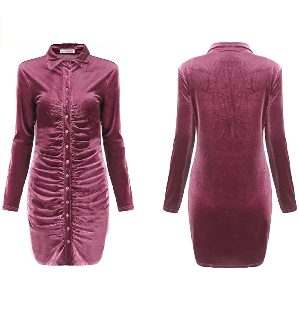 R.Vivimos Women's Long Sleeve Velvet Ruched Button Down Mini Dress