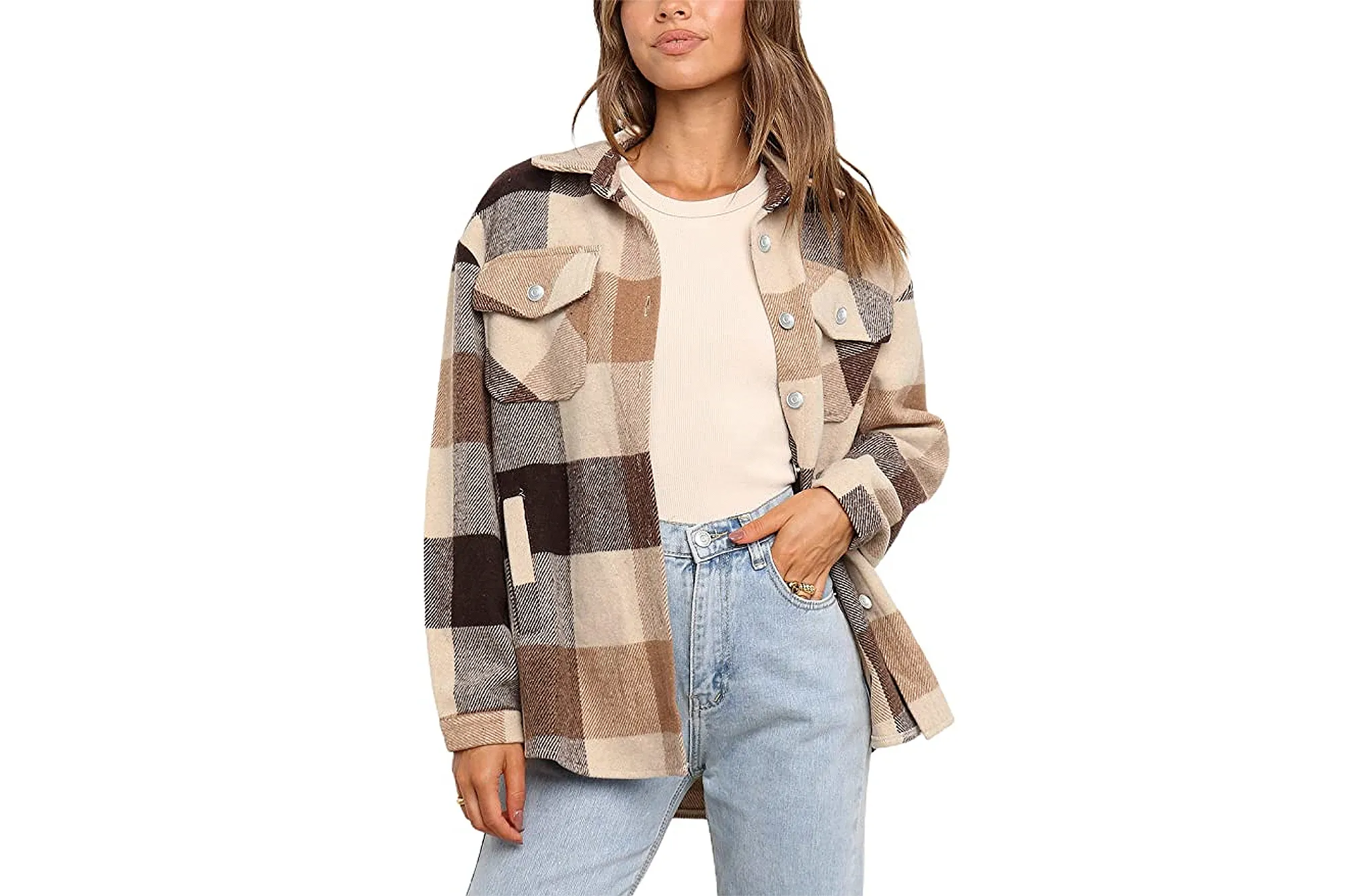 UANEO Women's Casual Plaid Wool Blend Button Down Shacket