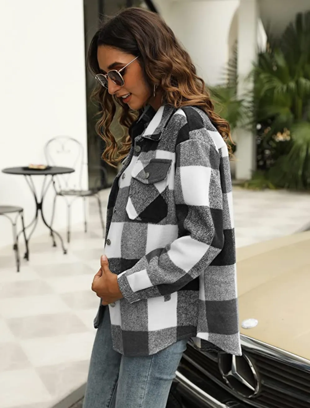 UANEO Women's Casual Plaid Wool Blend Button Down Shacket