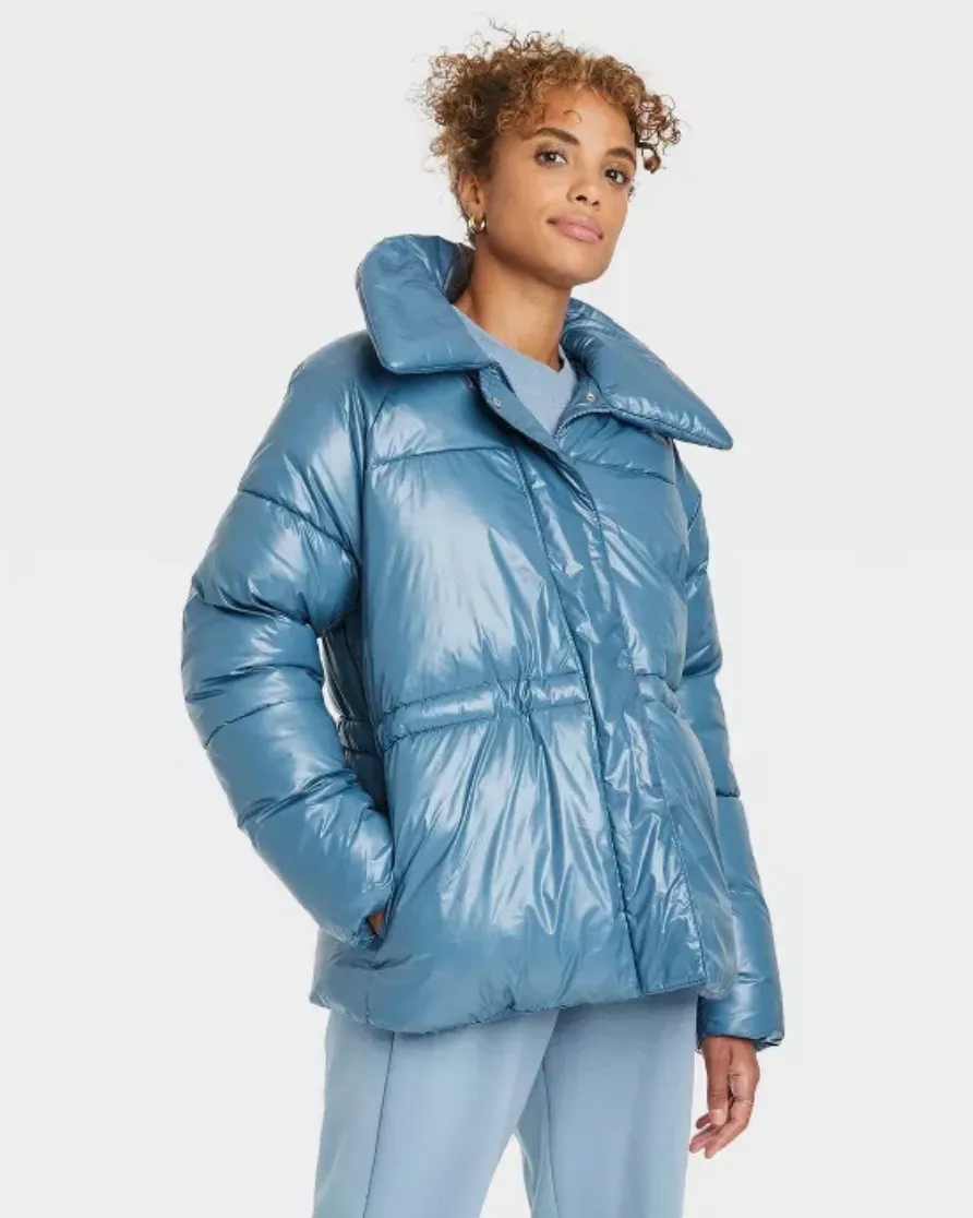 A New Day Women's Medium Length Wet Look Puffer Jacket