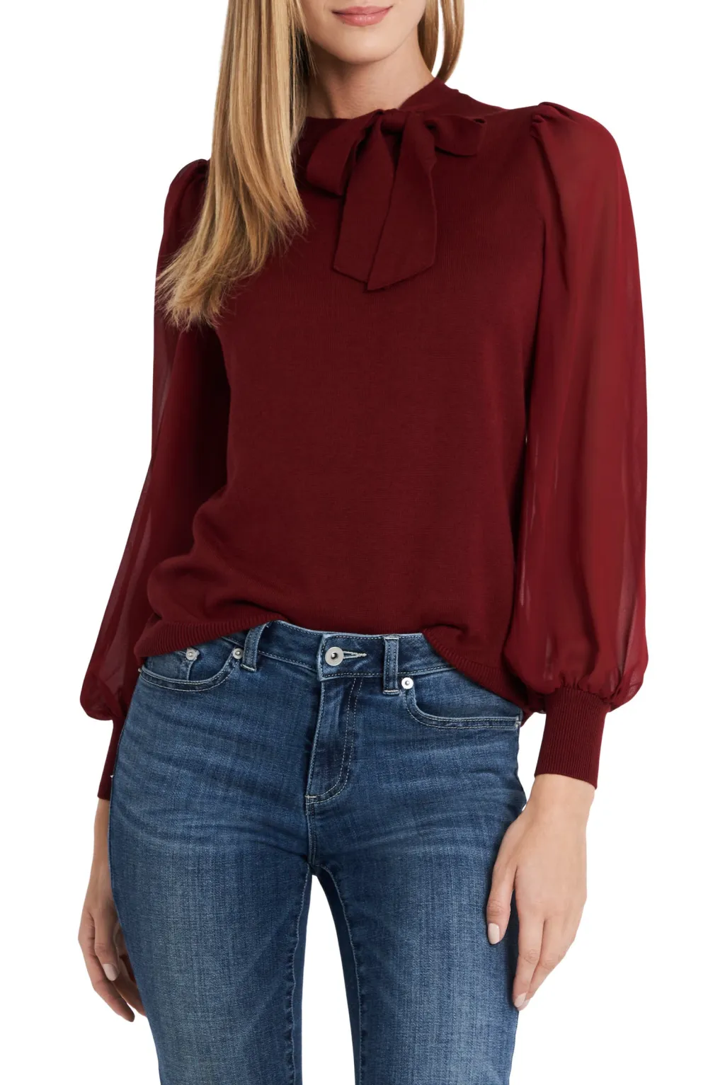 Cece Sweet Tie Mix Media Cotton Blend Sweater