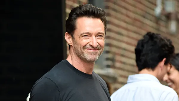 Hugh Jackman walks in New York City.