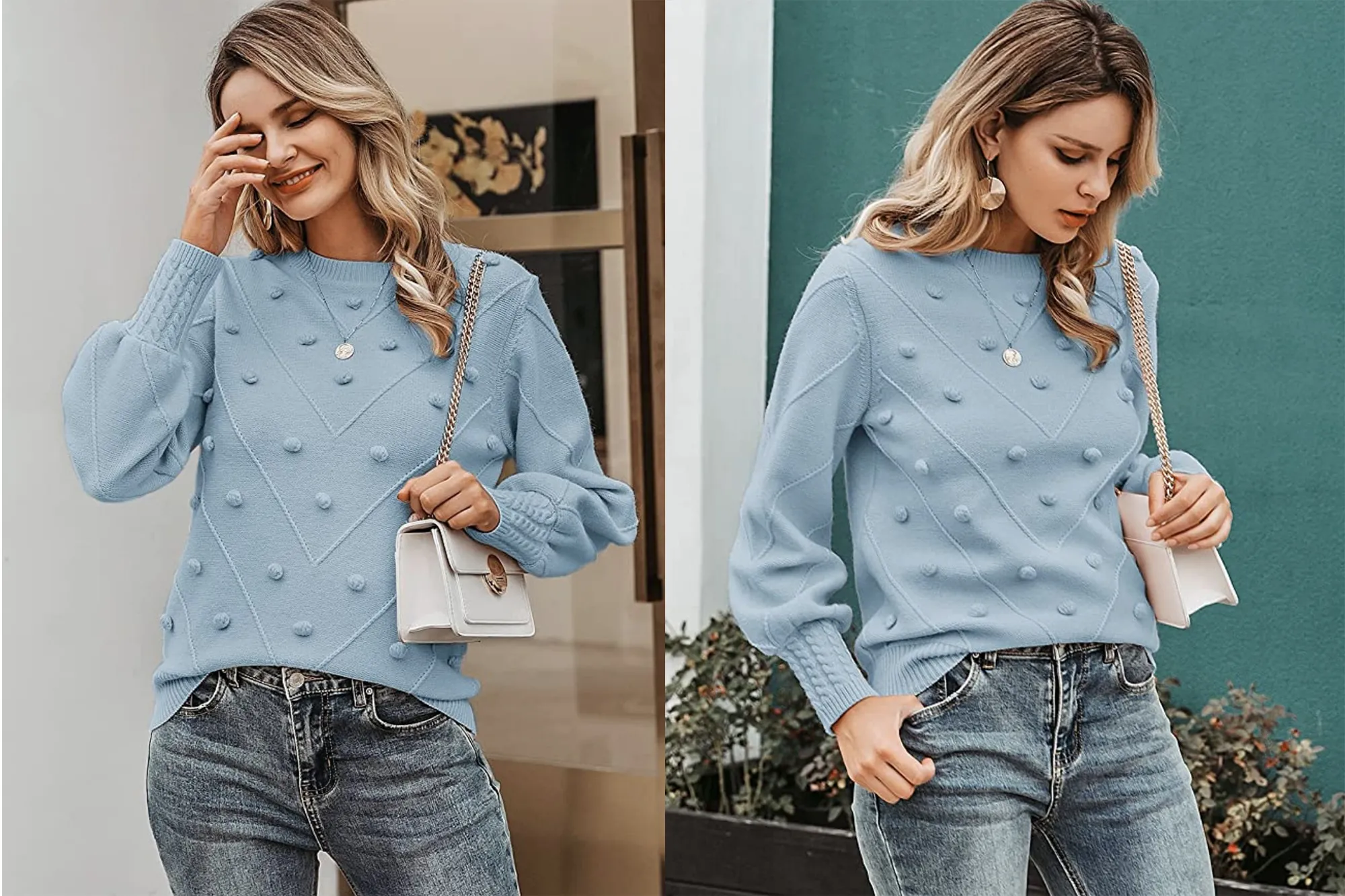 Miessial Women's Crew Neck Lantern Sleeve Sweater