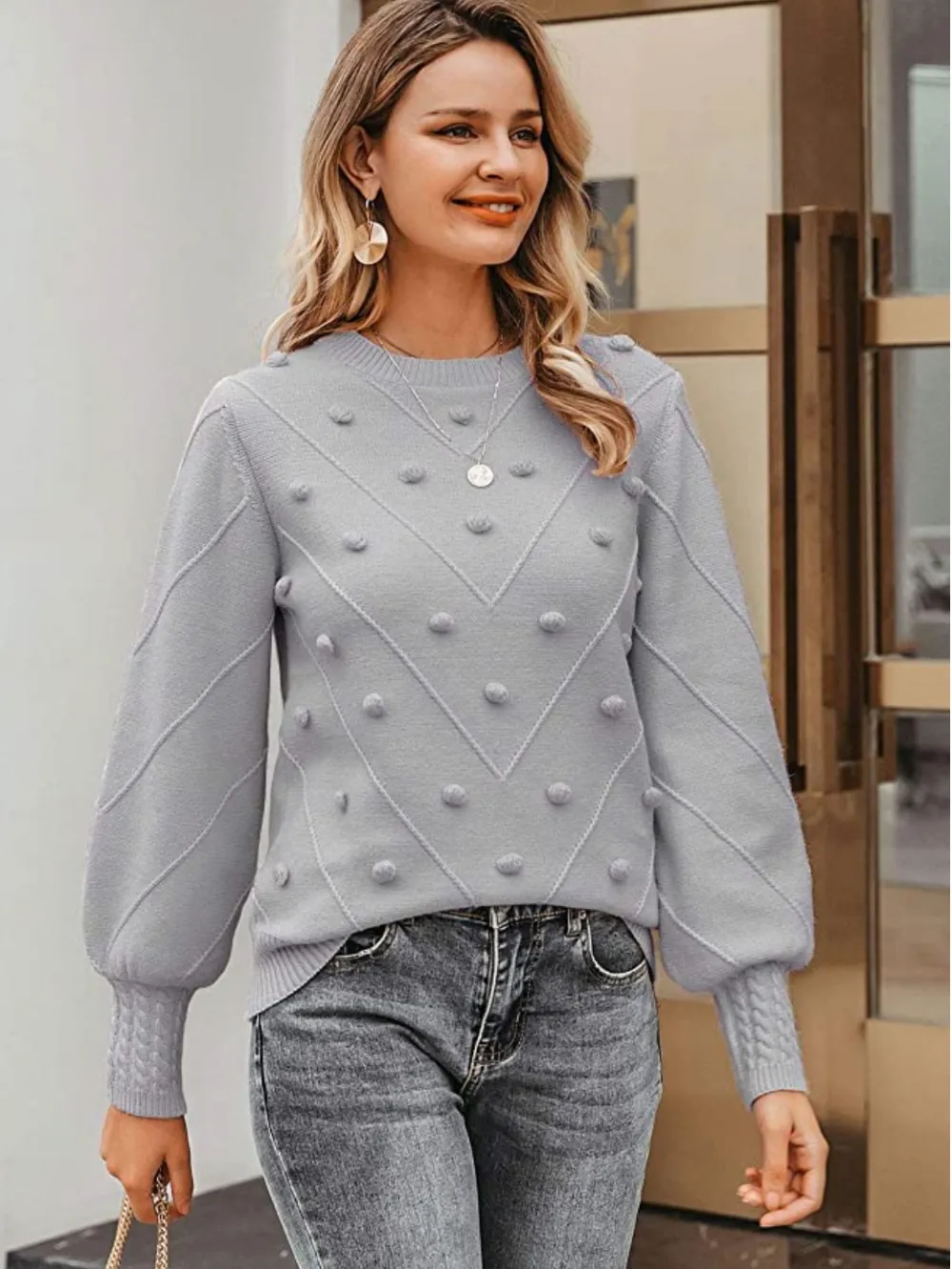 Miessial Women's Crew Neck Lantern Sleeve Sweater