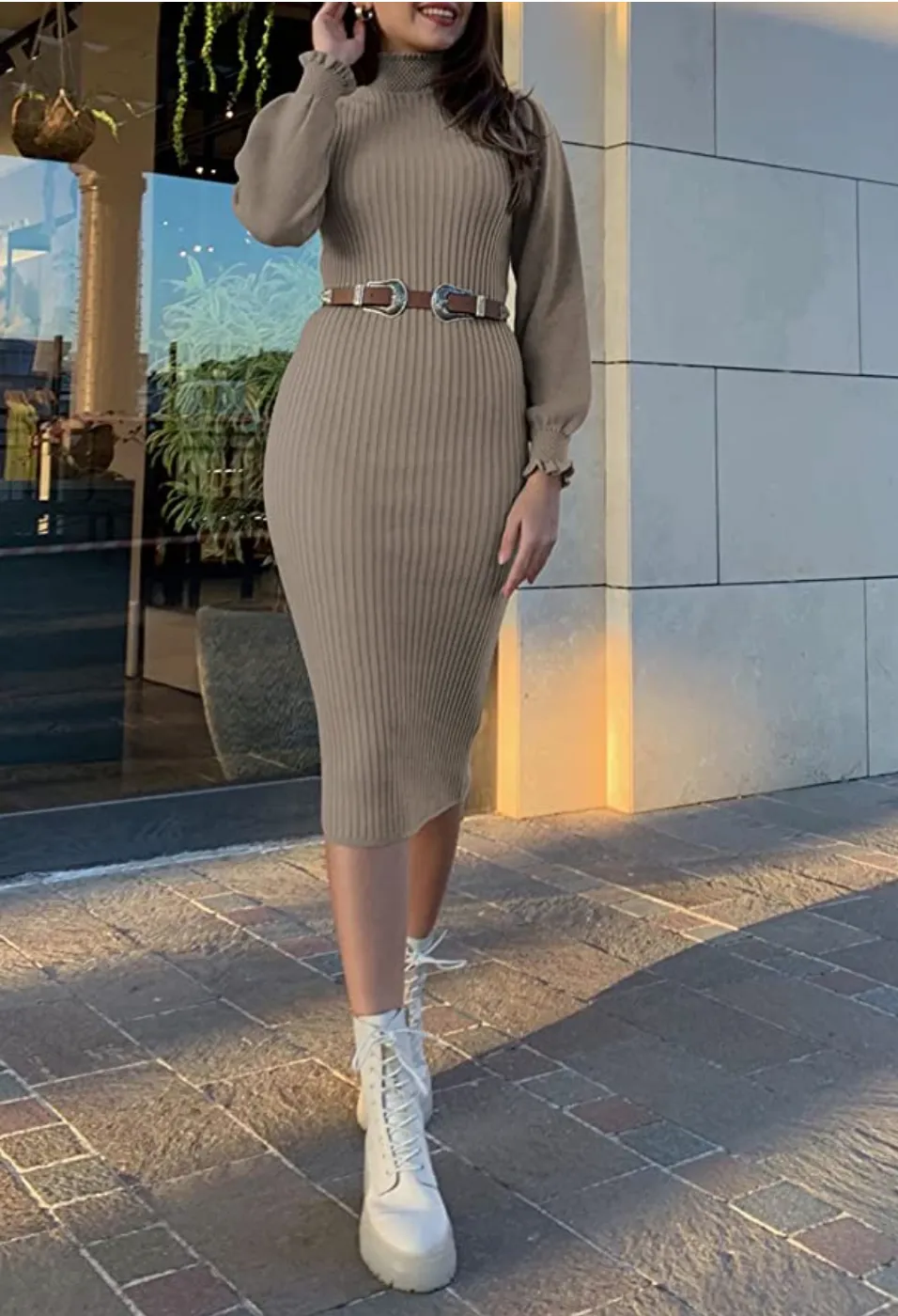 Pink Queen Women's High Neck Ribbed Sweater Dress