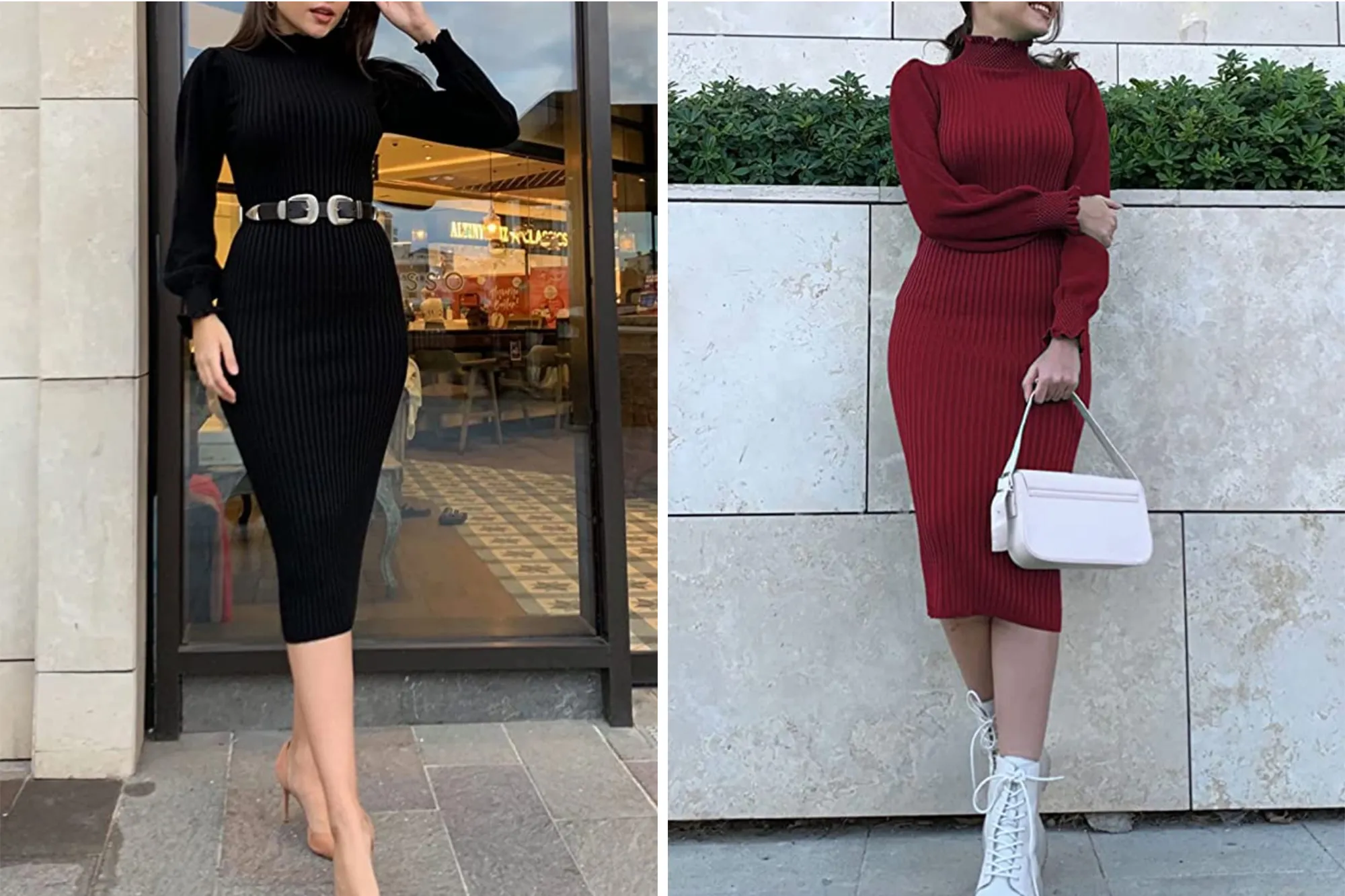 Pink Queen Women's High Neck Ribbed Sweater Dress