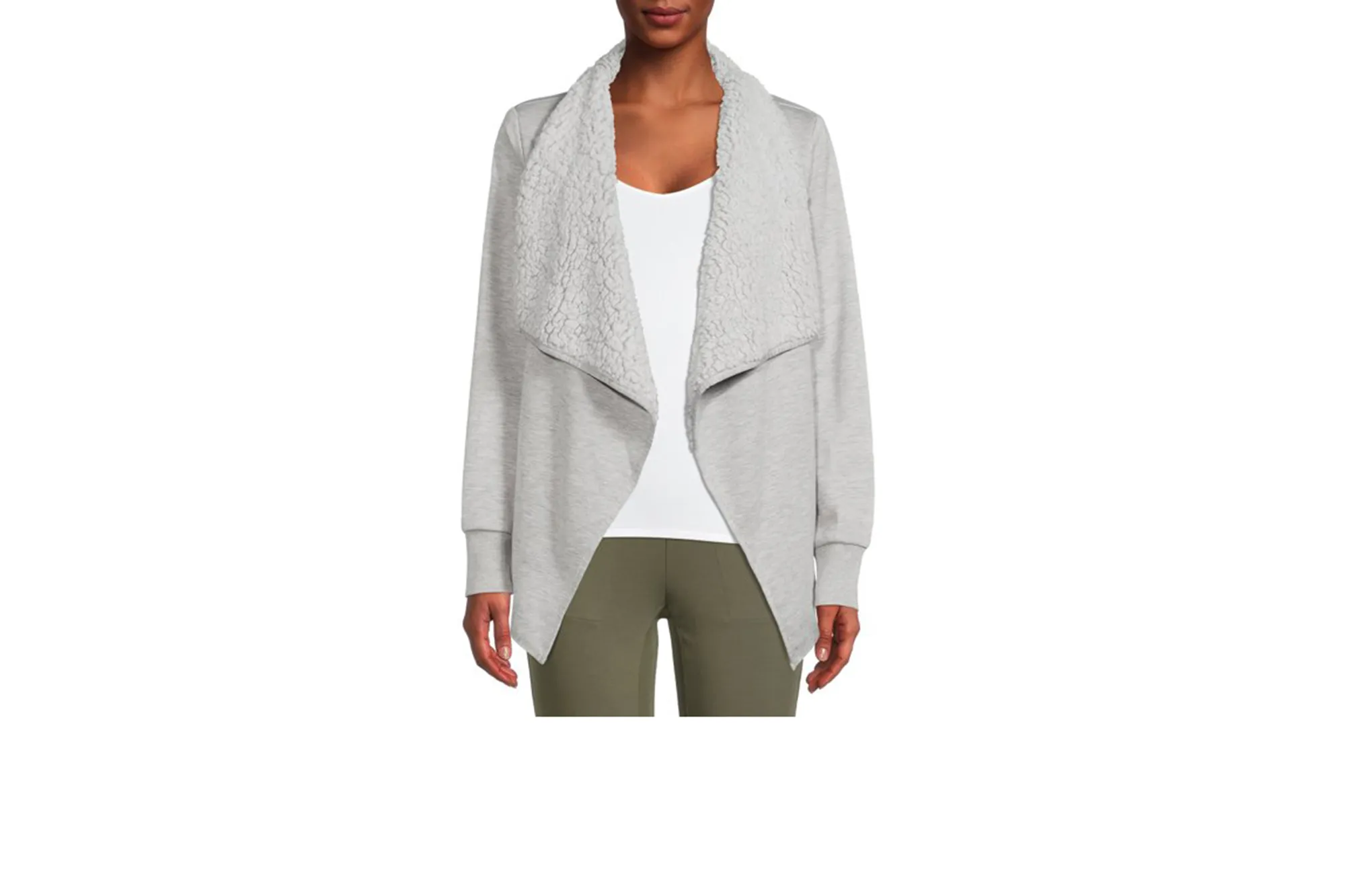 grey cardigan, sweater, sherpa-lined