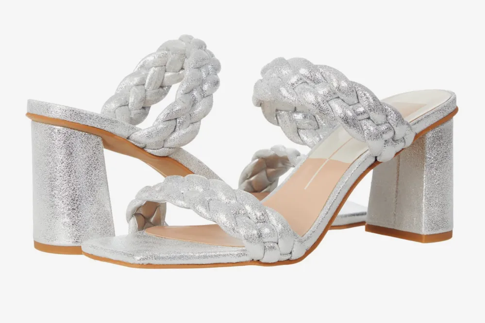 silver, braided, block heels, sandals
