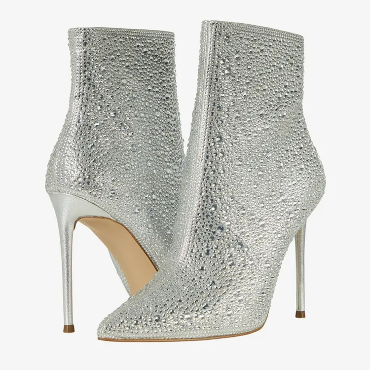 silver, stiletto booties