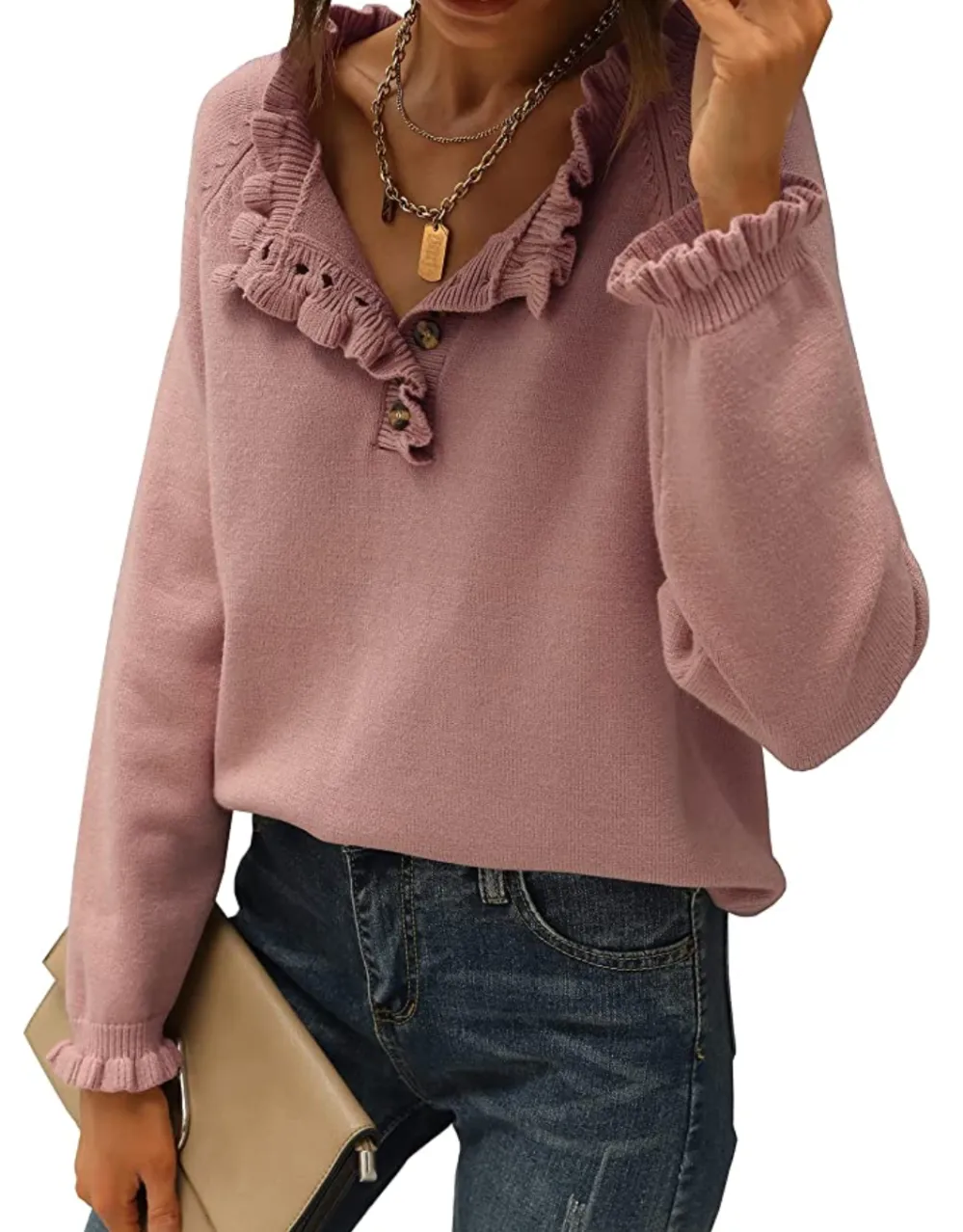 BTFBM Women's Button Down Ruffle Knit Pullover