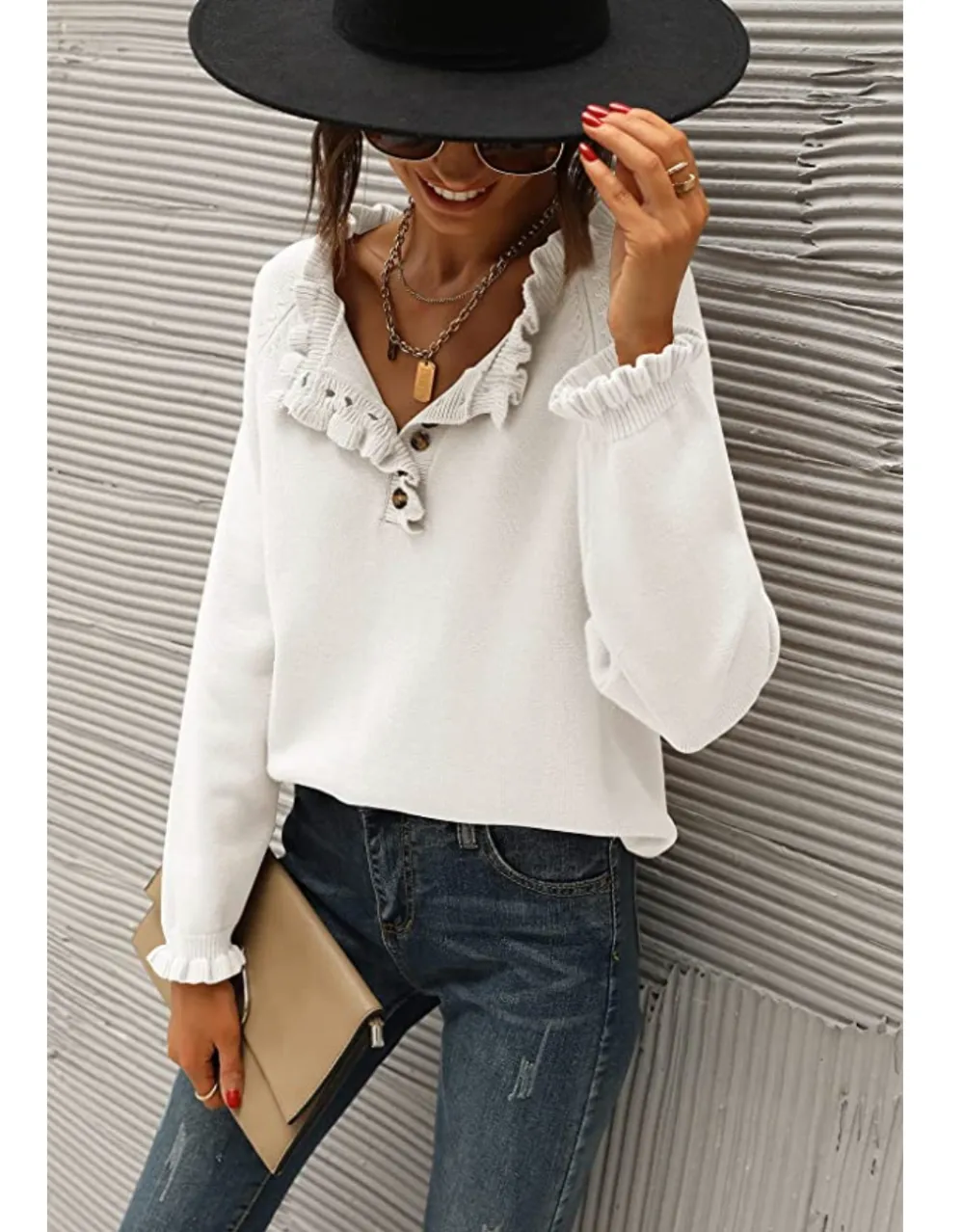 BTFBM Women's Button Down Ruffle Knit Pullover