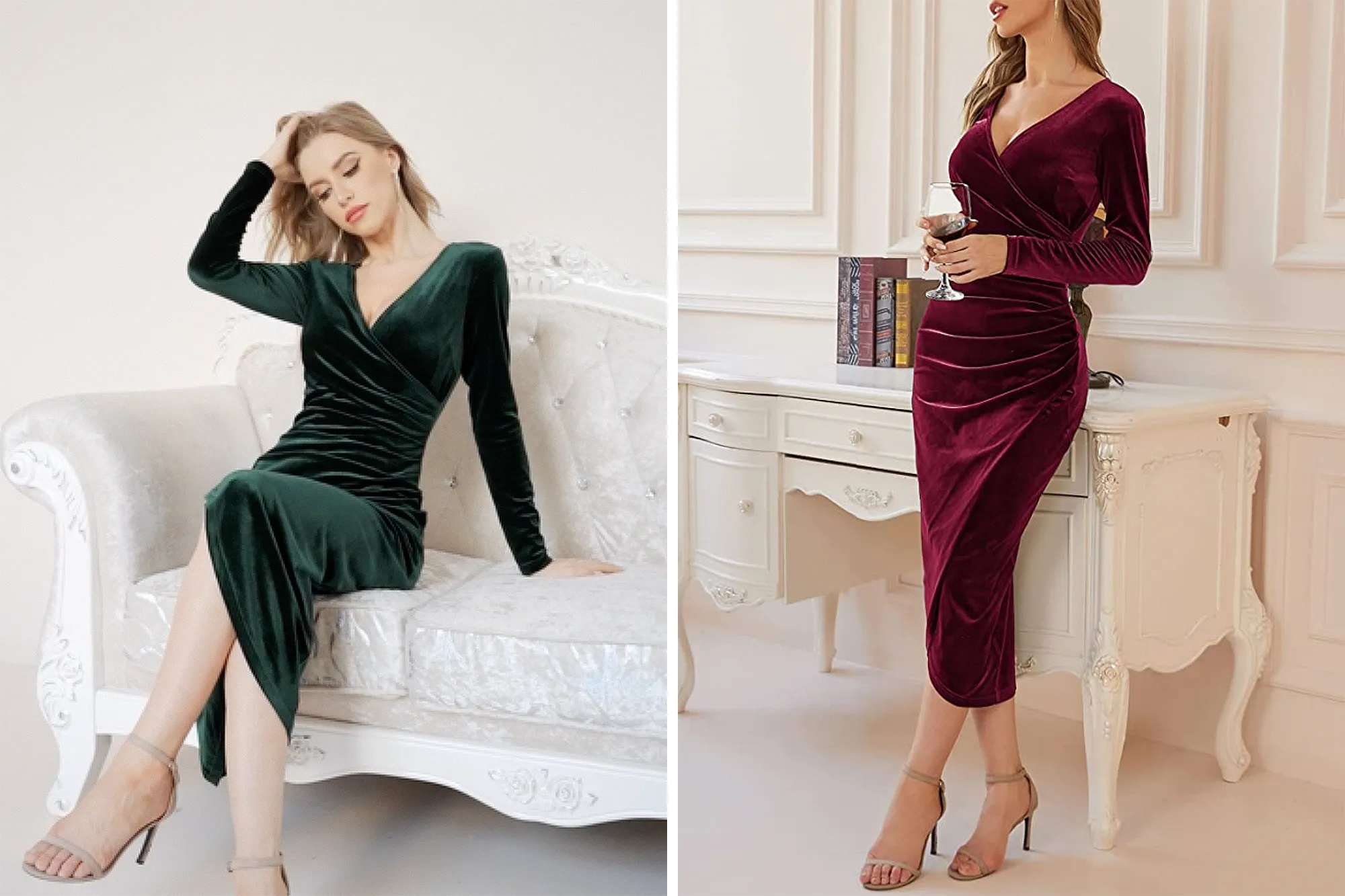 DIRASS Women's Elegant Velvet Long Sleeve Wrap Dress