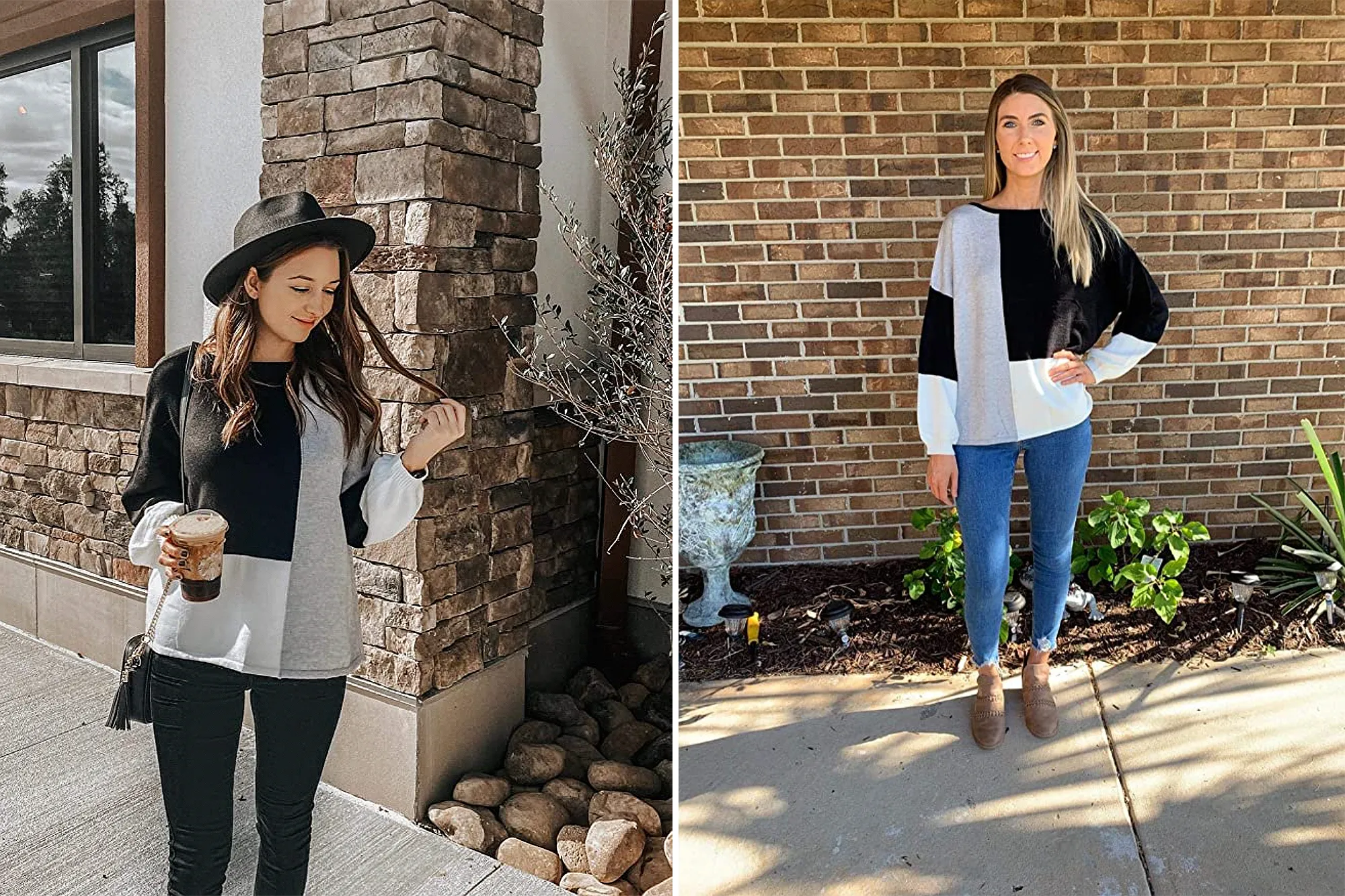 ECOWISH Long Sleeve Patchwork Color Block Knit Sweater