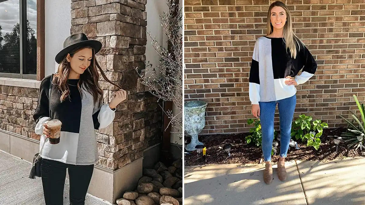 ECOWISH Long Sleeve Patchwork Color Block Knit Sweater