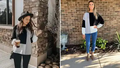 ECOWISH Long Sleeve Patchwork Color Block Knit Sweater