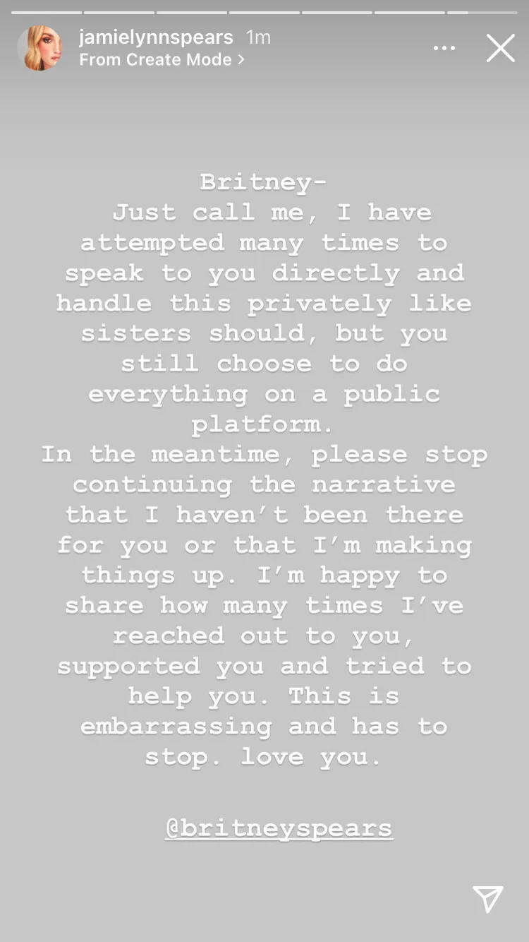 Jamie Lynn Spears Instagram Story message to Britney.