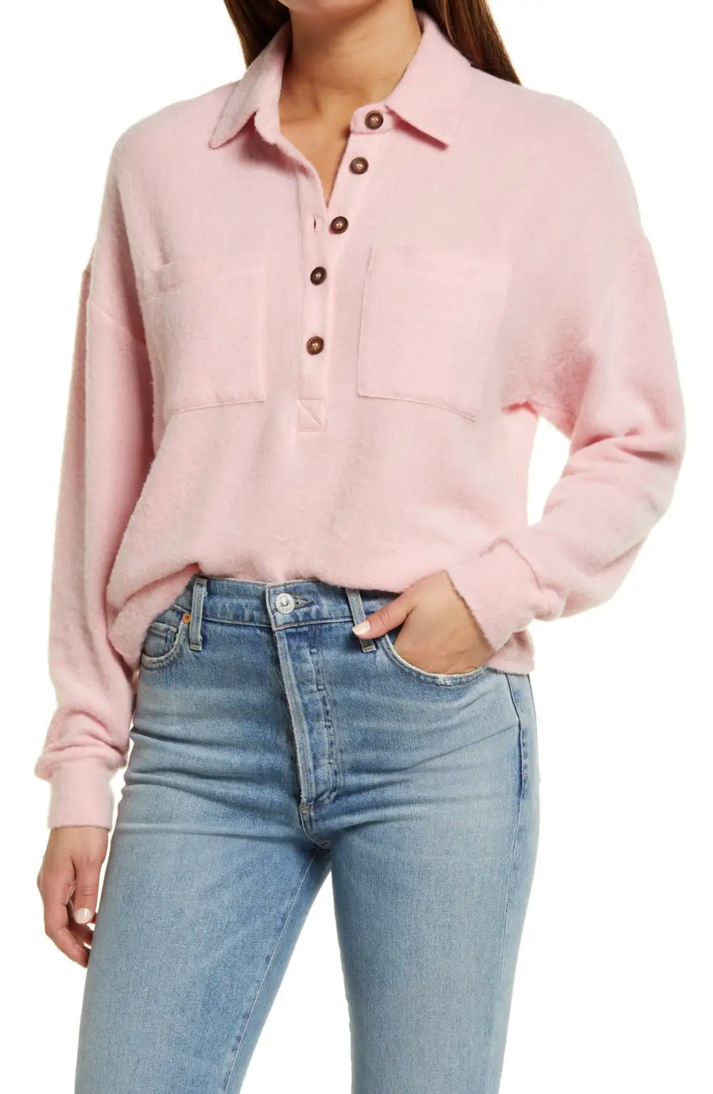 Open Edit Women's Cozy Polo Knit Top