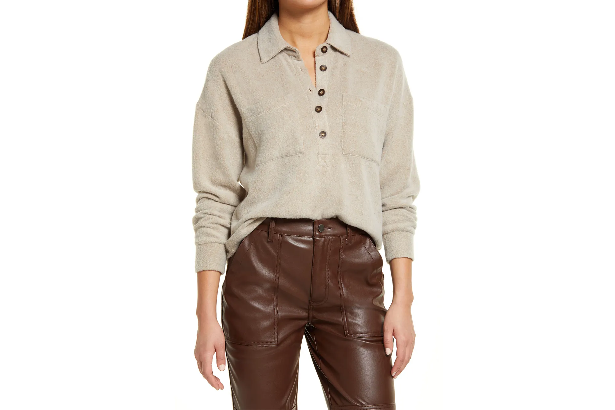 Open Edit Women's Cozy Polo Knit Top