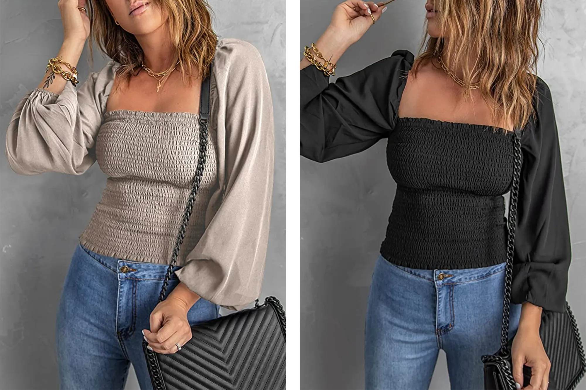 Rosfancy Women's Long Sleeve Square Neck Smocked Top