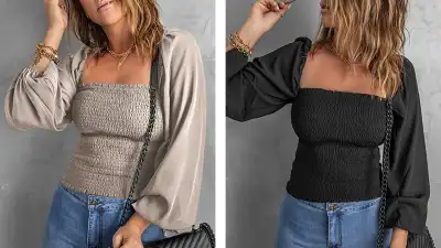 Rosfancy Women's Long Sleeve Square Neck Smocked Top