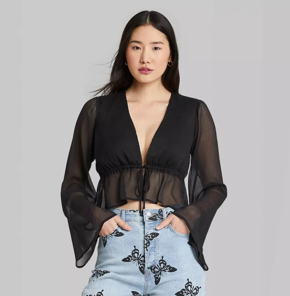 Wild Fable Women's Long Sleeve Tie-Front Woven Top