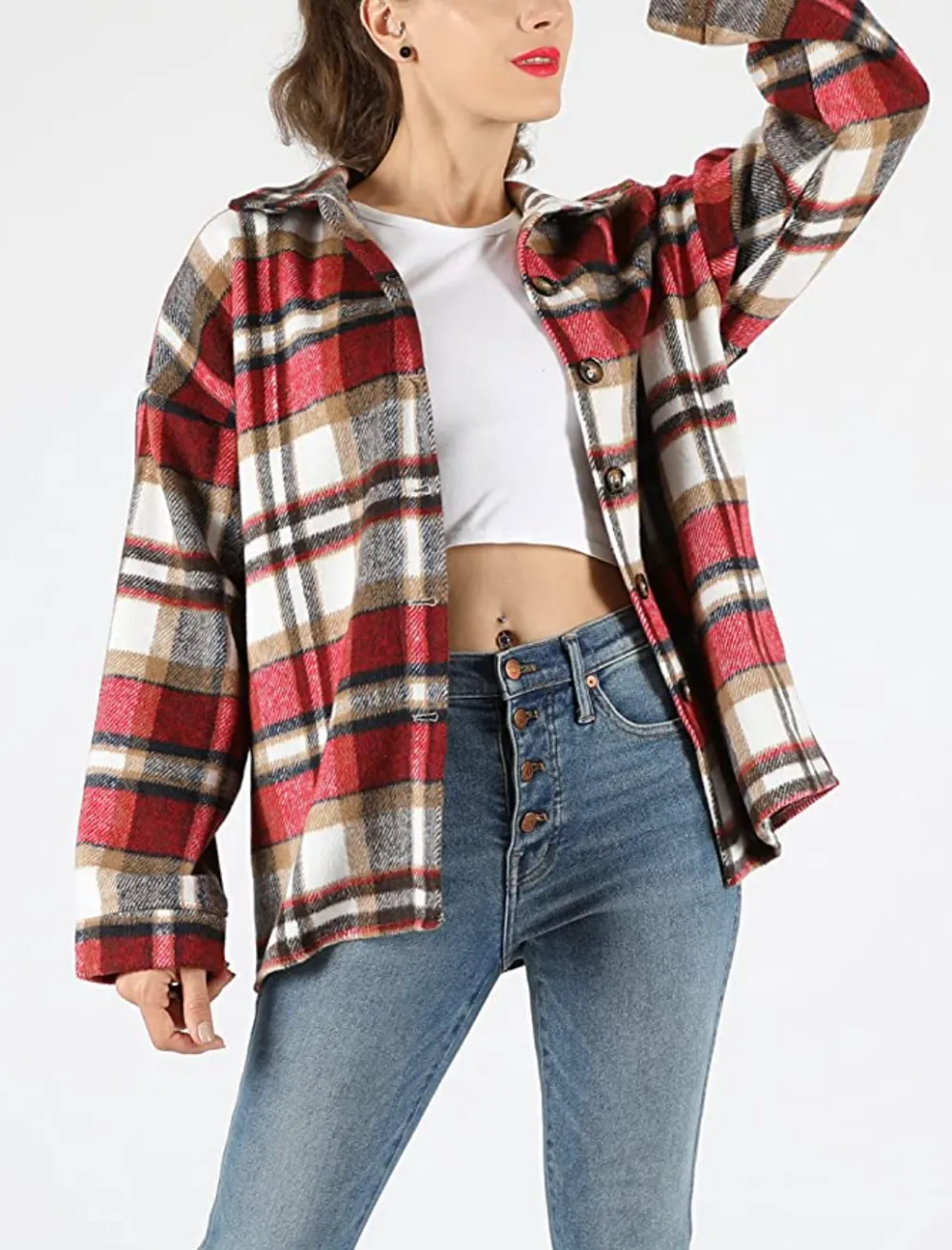 Yeokou Women's Fall Color Block Plaid Flannel Shacket