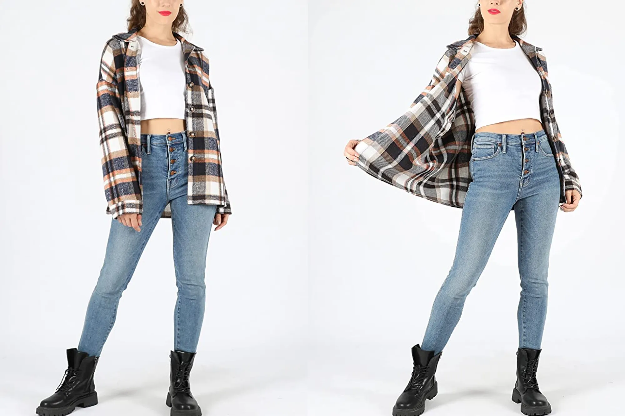 Yeokou Women's Fall Color Block Plaid Flannel Shacket