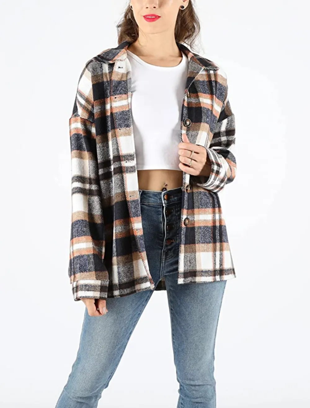 Yeokou Women's Fall Color Block Plaid Flannel Shacket
