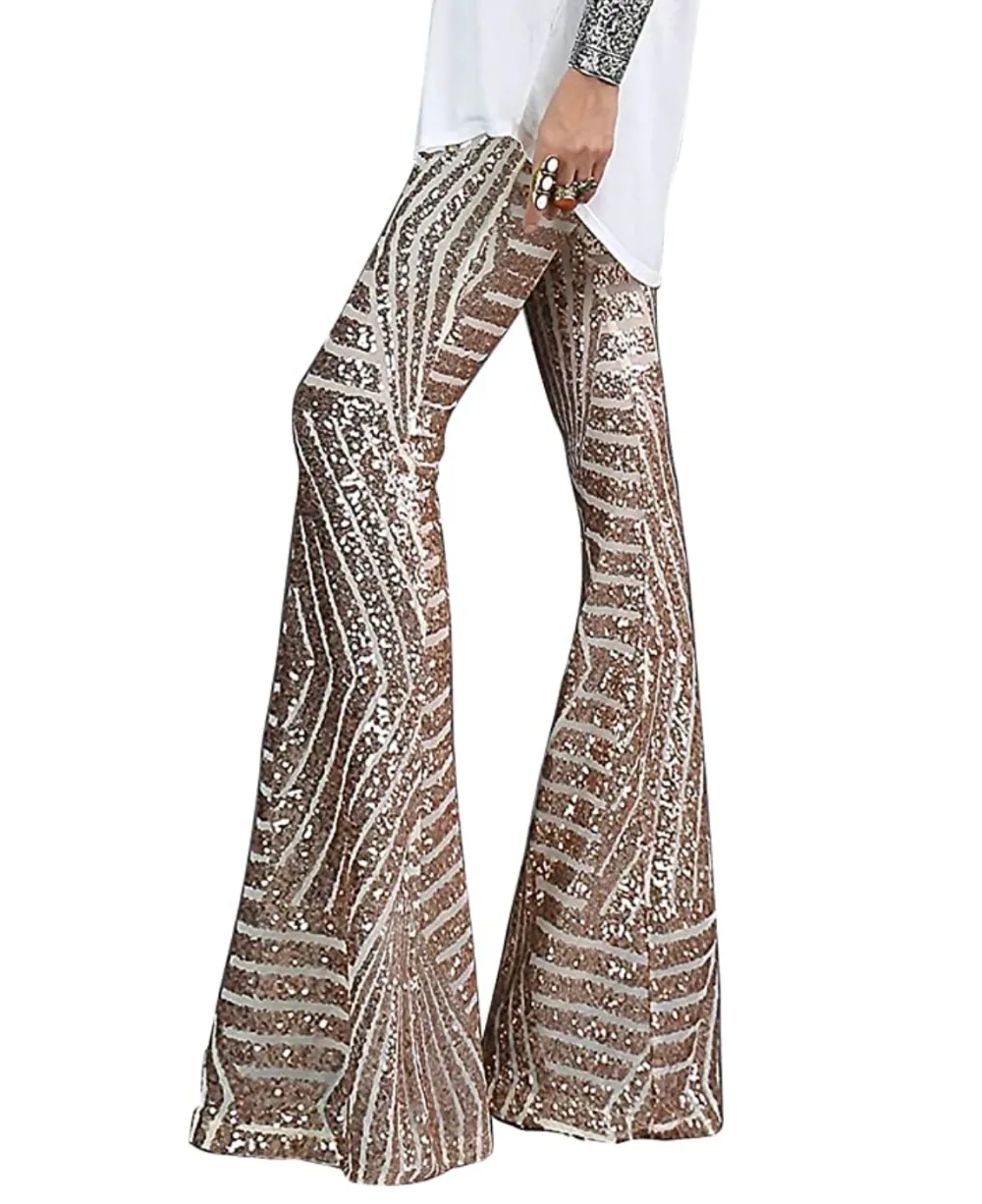 AZOKOE Women's High Waist Wide Leg Sequin Bell Bottoms
