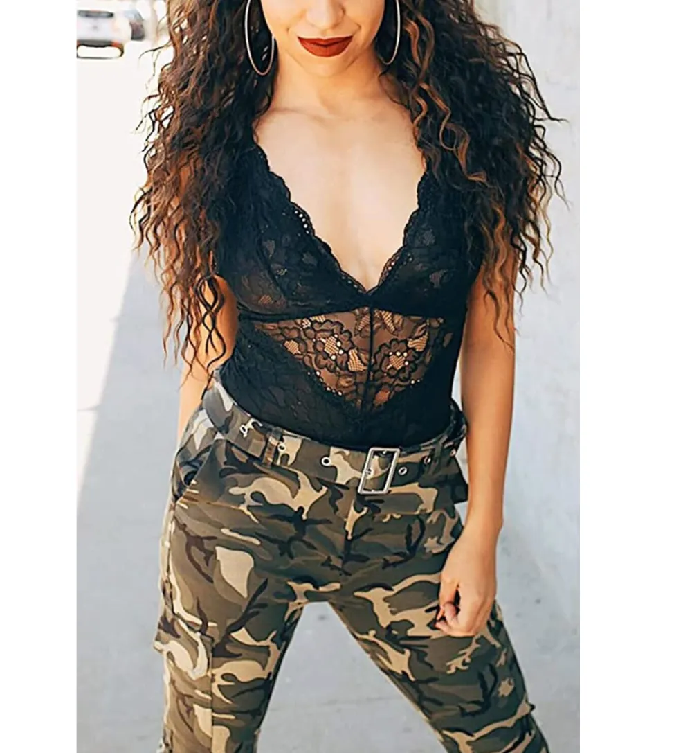 Aranmei Women's Deep V Sexy Lace Bodysuit