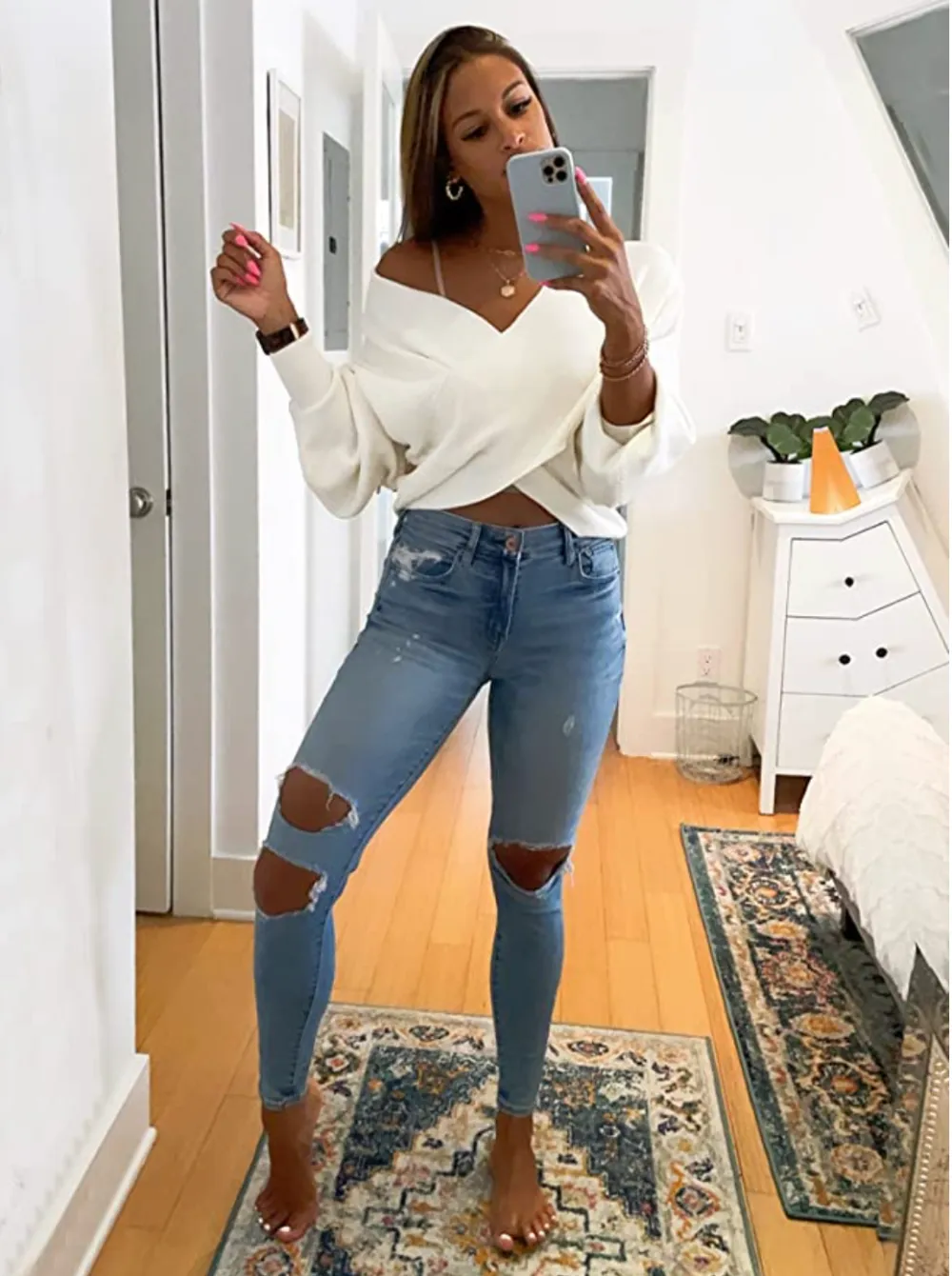 BTFBM Women's Cross Wrap Front Off Shoulder Sweater