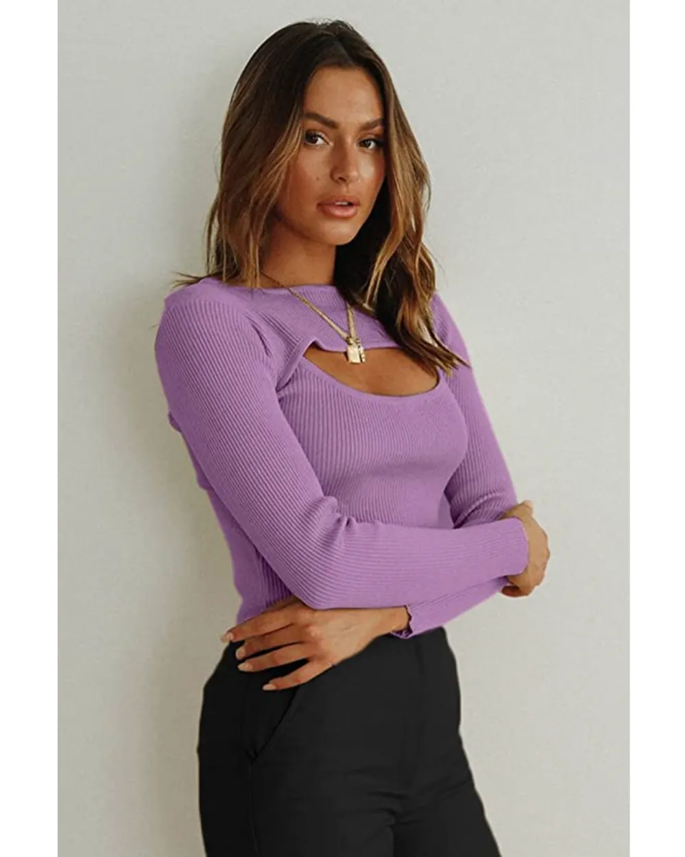CHYRII Women's Cutout Long Sleeve Ribbed Crop Top