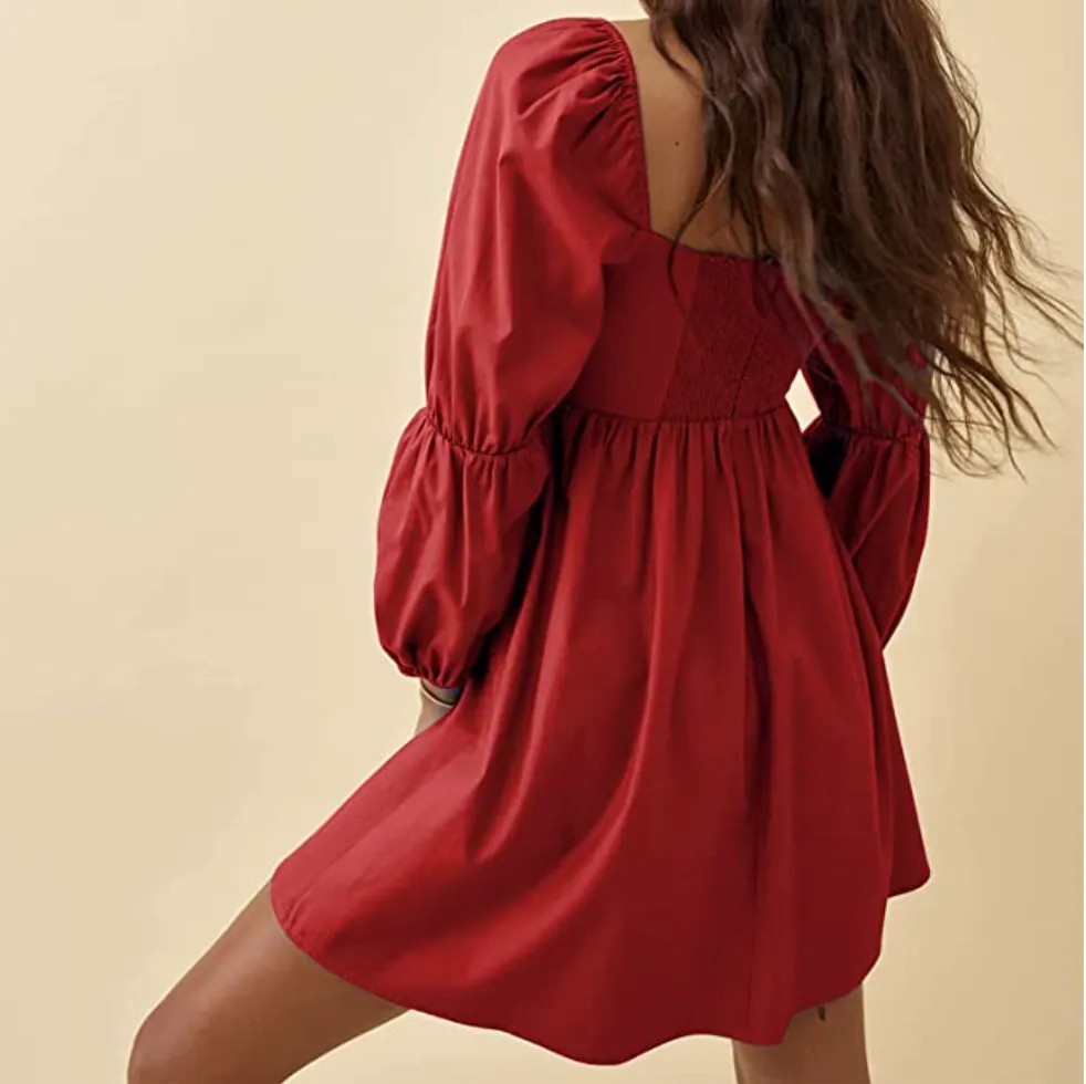 EXLURA Women's Puff Sleeve Square Neck Dress