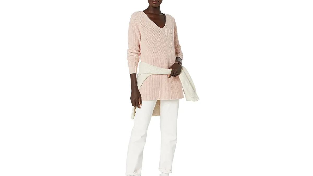 Goodthreads Women's Cotton Shaker Stitch Deep V-Neck Sweater