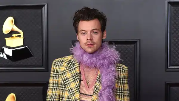 Harry Styles 63rd annual Grammy Awards Clueless Yellow Llaid Gucci Blazer Purple Boa Brown Corduroys