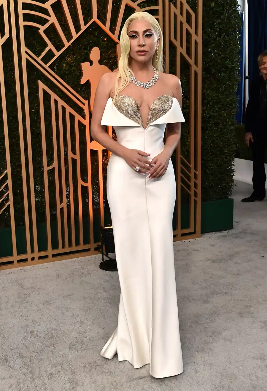House of Gucci Nominee Lady Gaga Sparkles in White and Gold at the 2022 SAG Awards