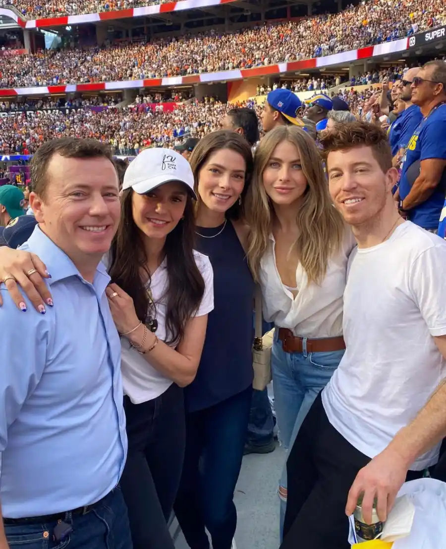 Shaun White at the Super Bowl with Nina Dobrev, Ashley Green, Julianne Hough and Rick Nechio