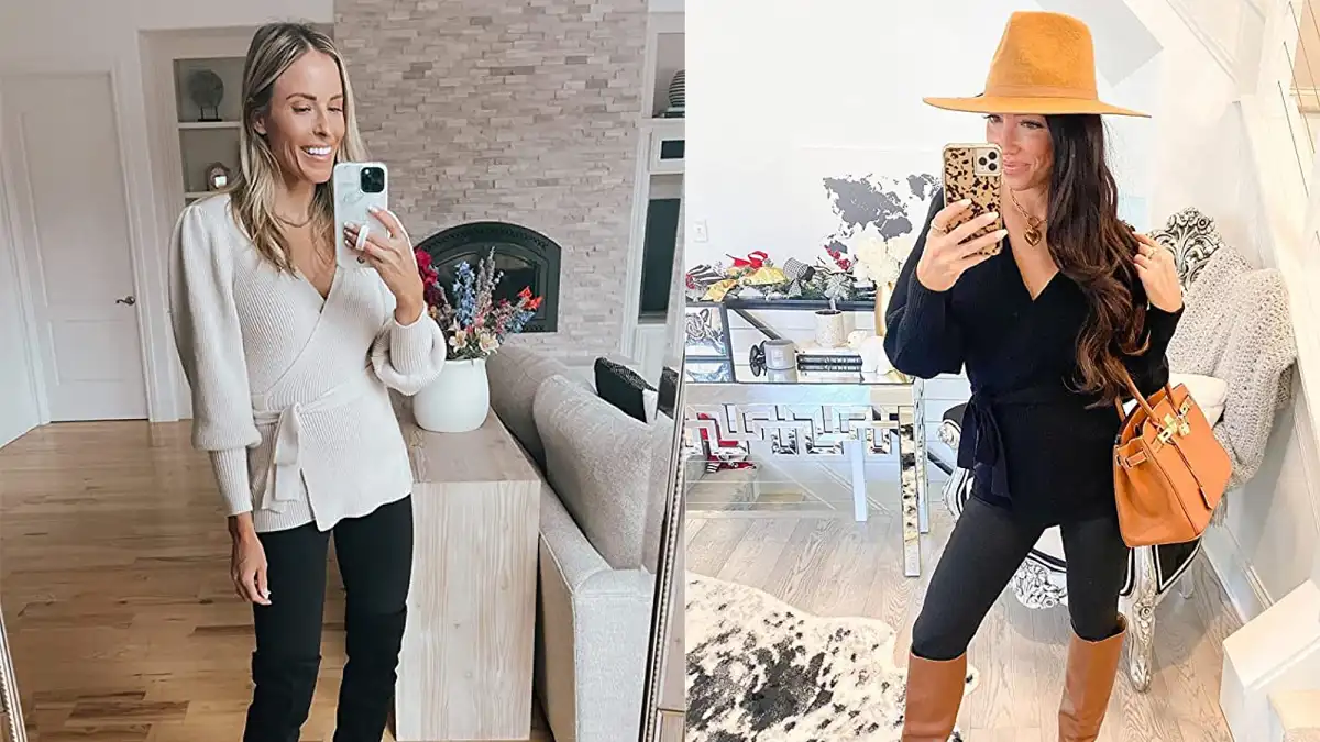 KIRUNDO Women’s V Neck Balloon Sleeve Wrap Sweater