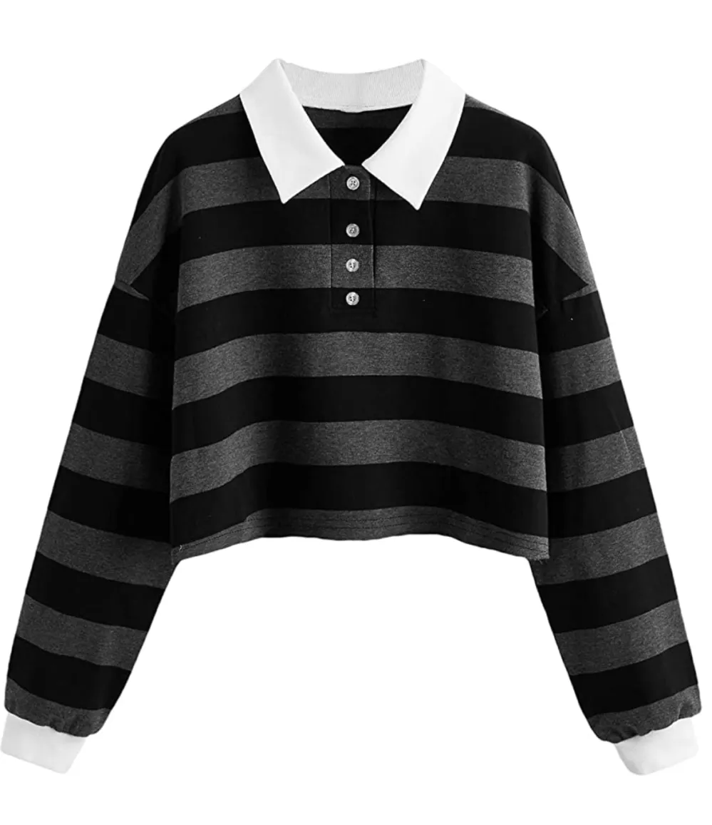 Remidoo Women's Collared Long Sleeve Striped Crop Top