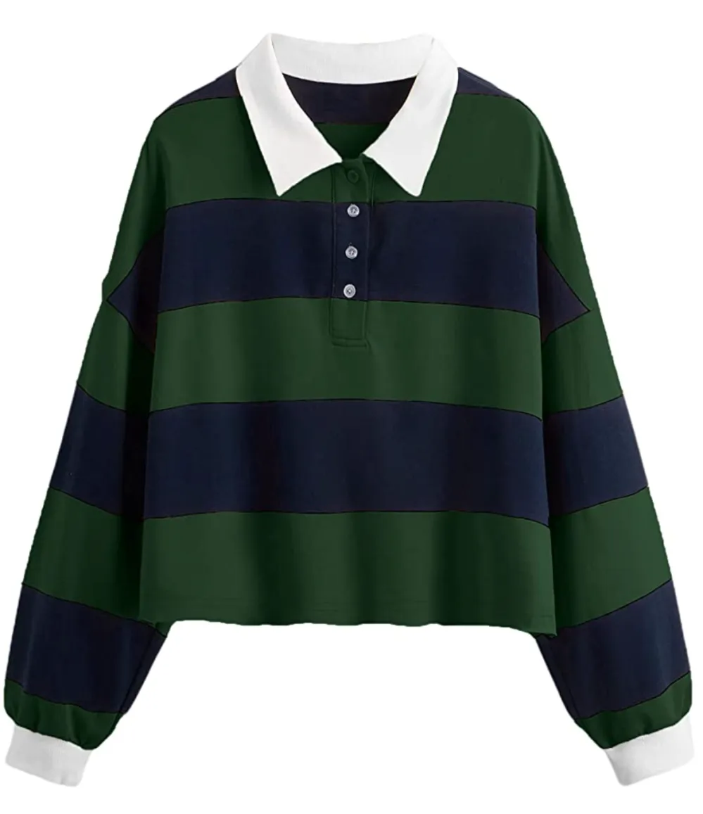 Remidoo Women's Collared Long Sleeve Striped Crop Top