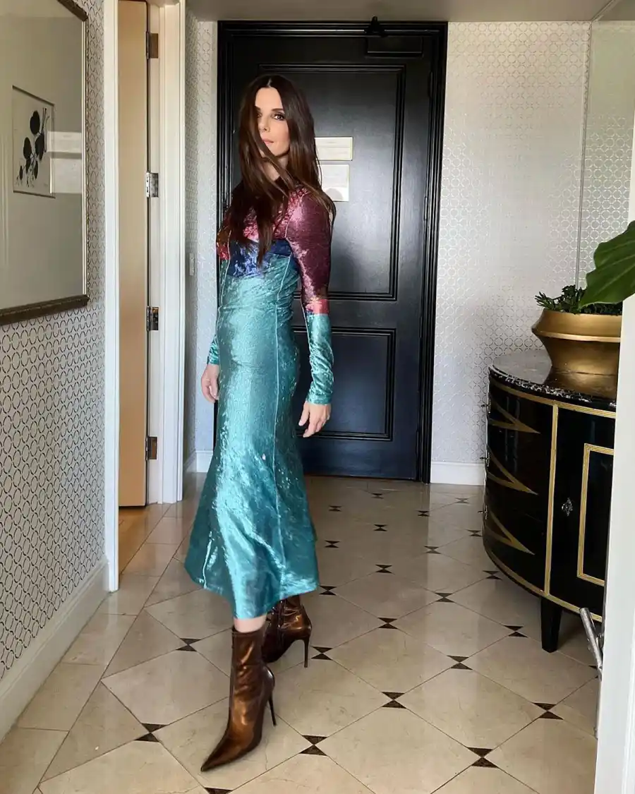 Sandra Bullock Satin Patchwork Dress Is Lesson Color Blocking