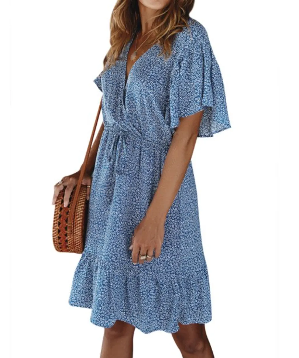 ZXZY Floral V Neck Tie Waist Ruffle Dress