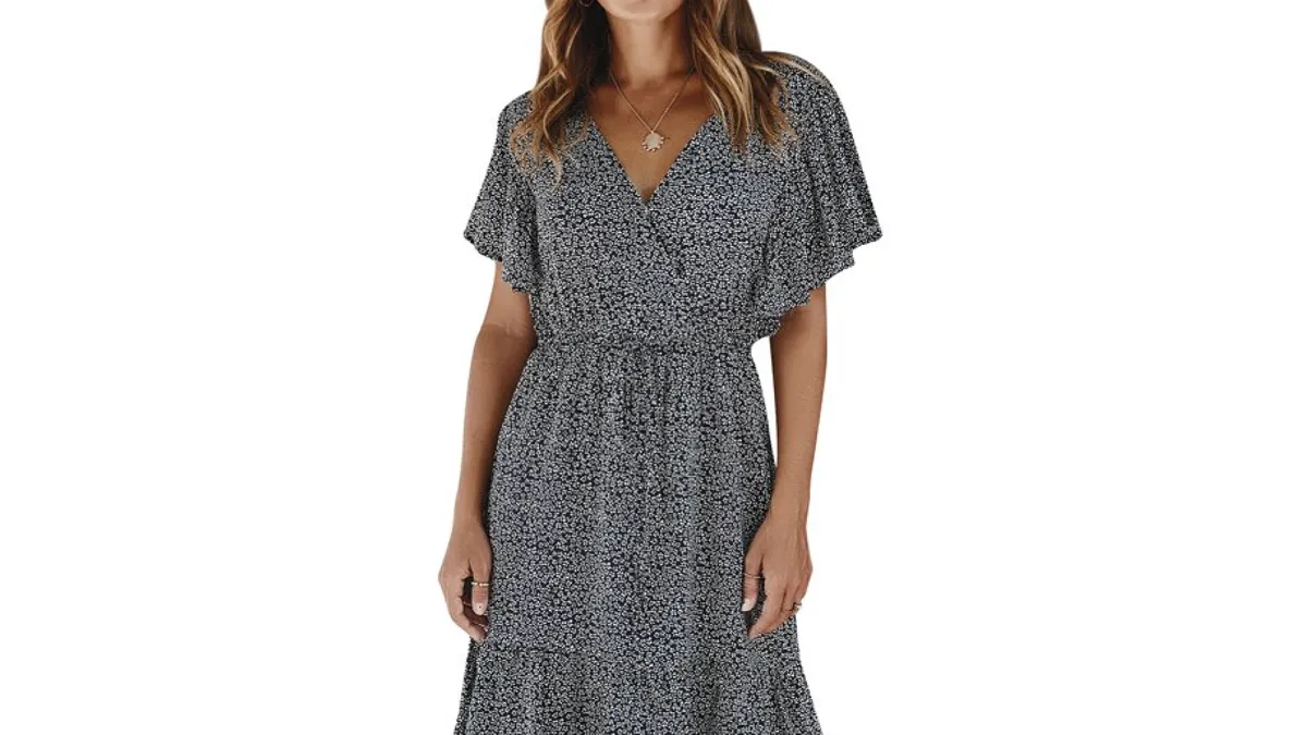 ZXZY Floral V Neck Tie Waist Ruffle Dress