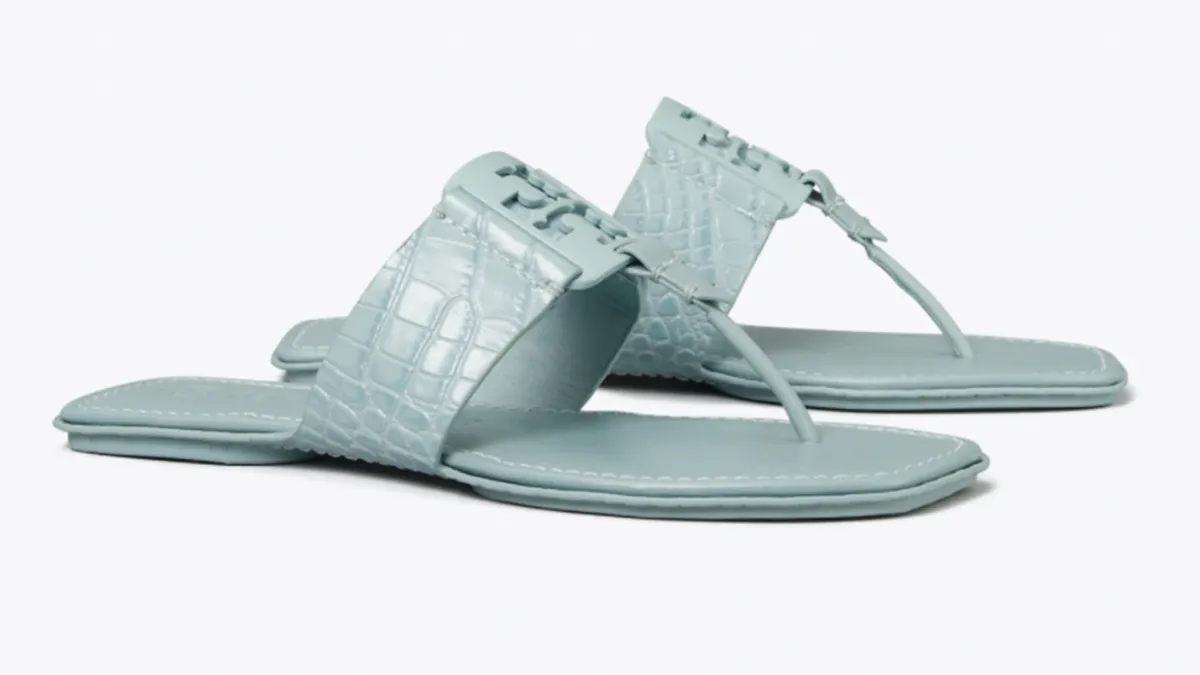 blue croc-embossed sandals