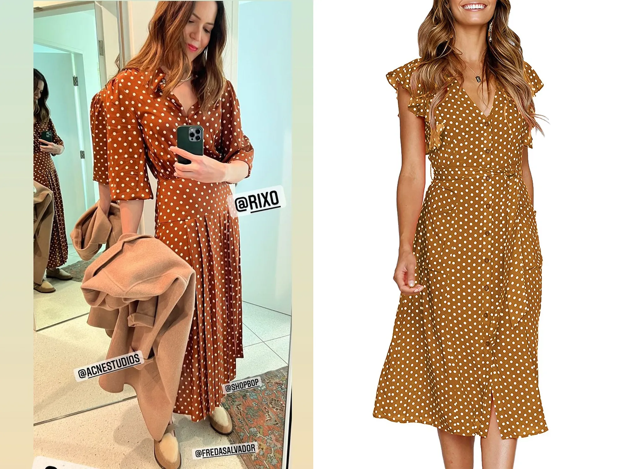 mandy-moore-brown-polka-dot-dress