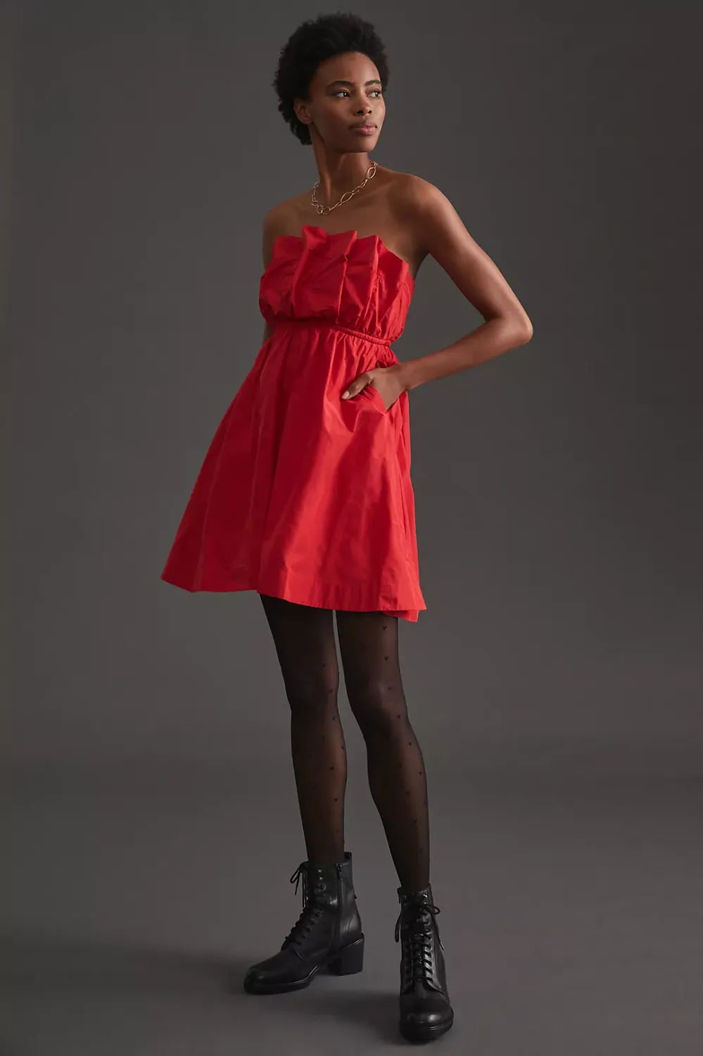 red ruffled taffeta dress