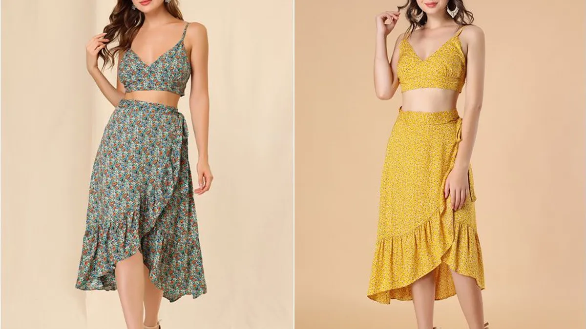 Allegra K Women's Spaghetti Strap Crop Top & Ruffle Wrap Skirt Set