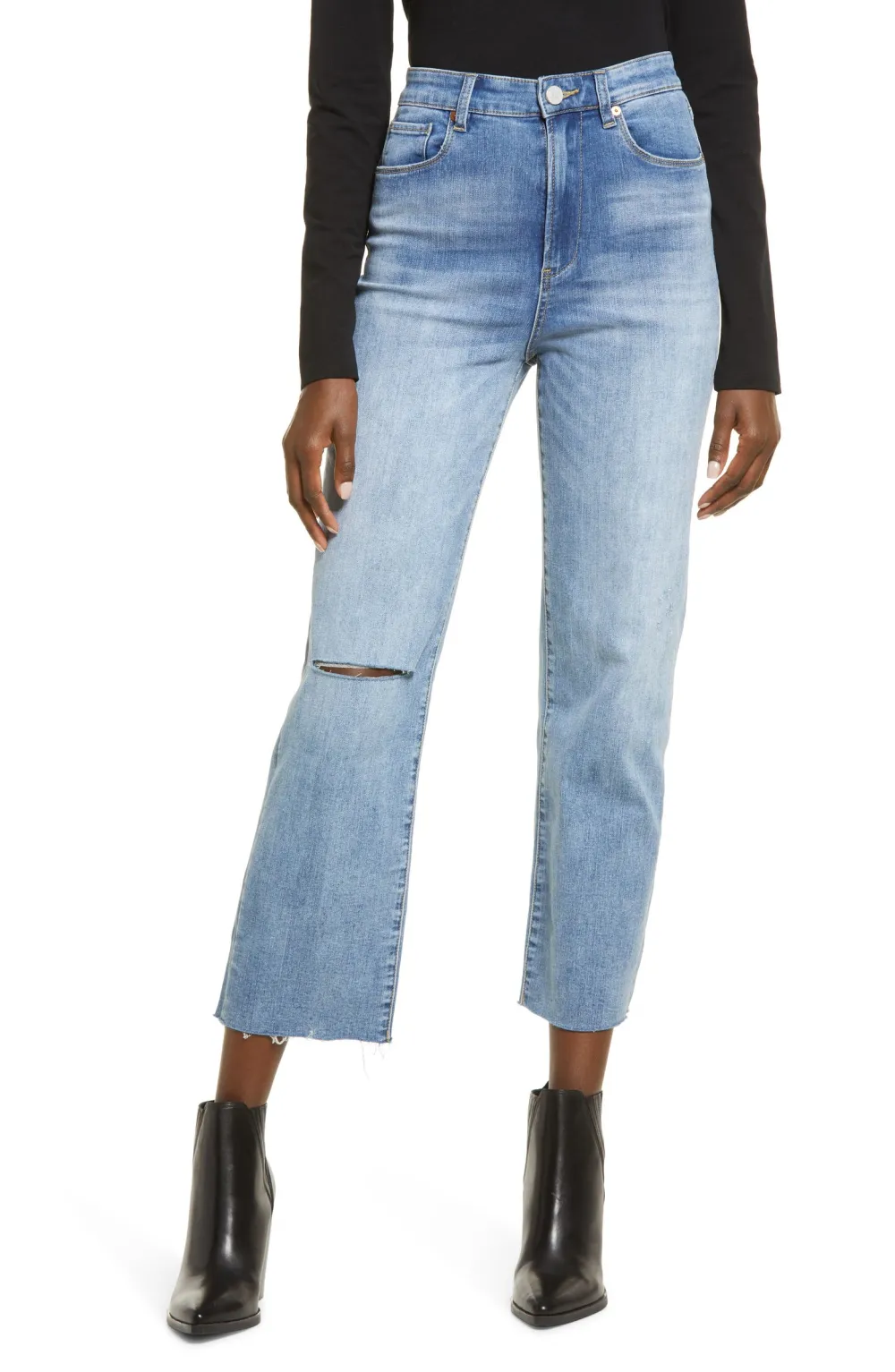 BLANKNYC Baxter Super High Waist Ripped Raw Hem Straight Leg Jeans