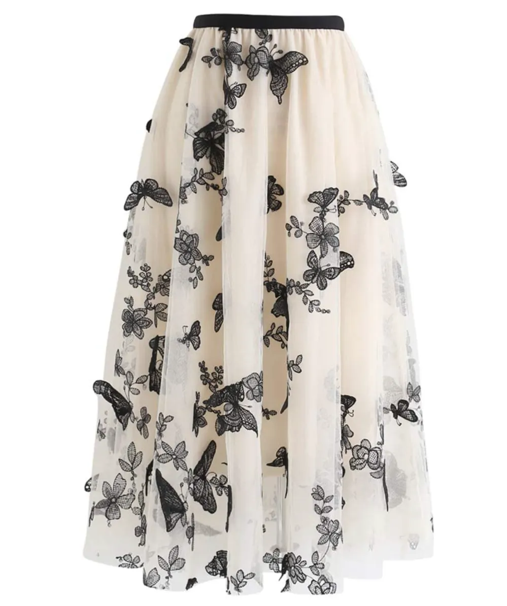 CHICWISH Women's Double-Layered Mesh Midi Skirt