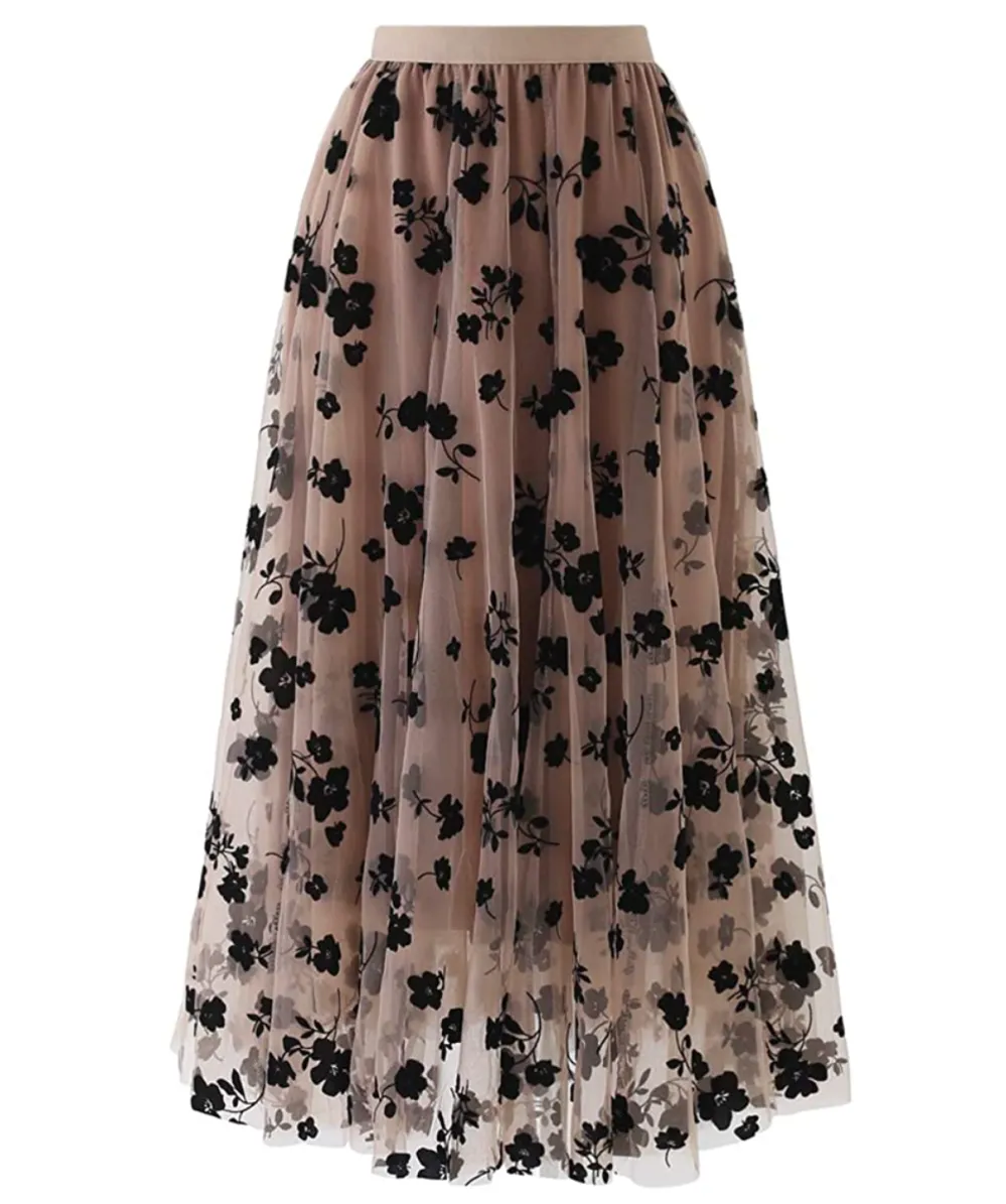 CHICWISH Women's Double-Layered Mesh Midi Skirt